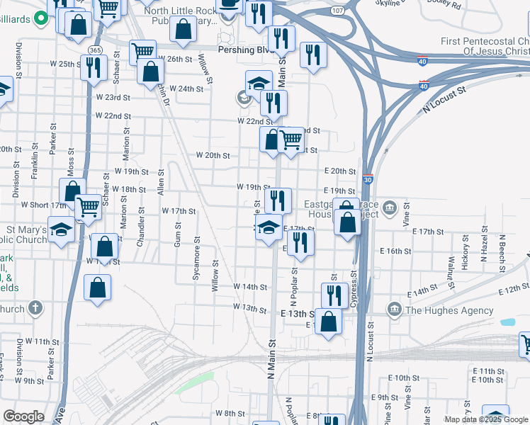 map of restaurants, bars, coffee shops, grocery stores, and more near 1800 Maple Street in North Little Rock