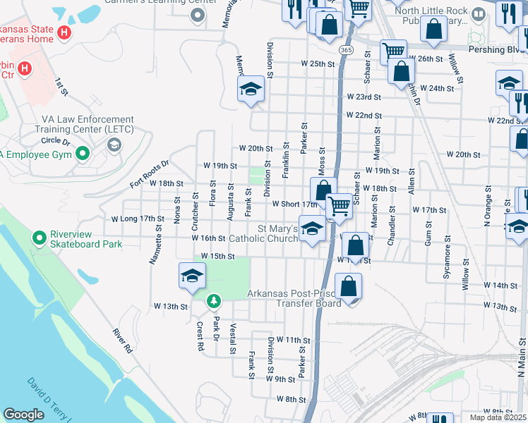 map of restaurants, bars, coffee shops, grocery stores, and more near 1500 West Short 17th Street in North Little Rock