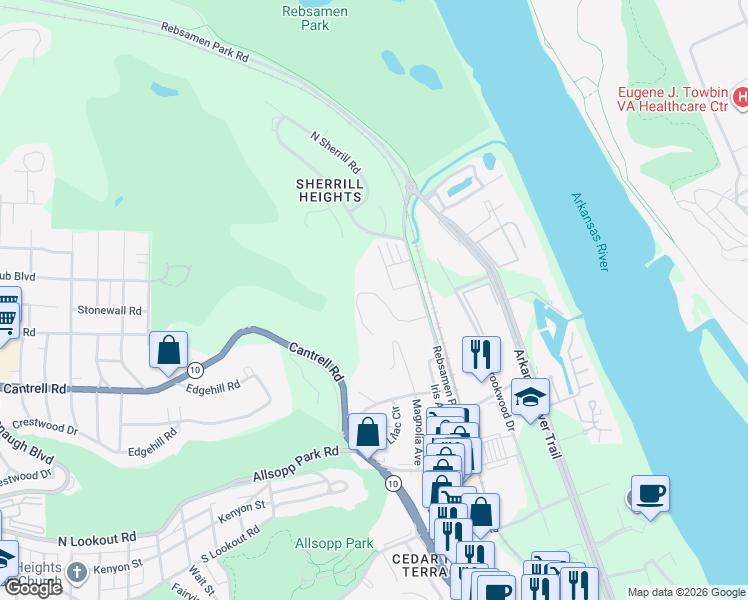 map of restaurants, bars, coffee shops, grocery stores, and more near 5 Sherrill Road in Little Rock