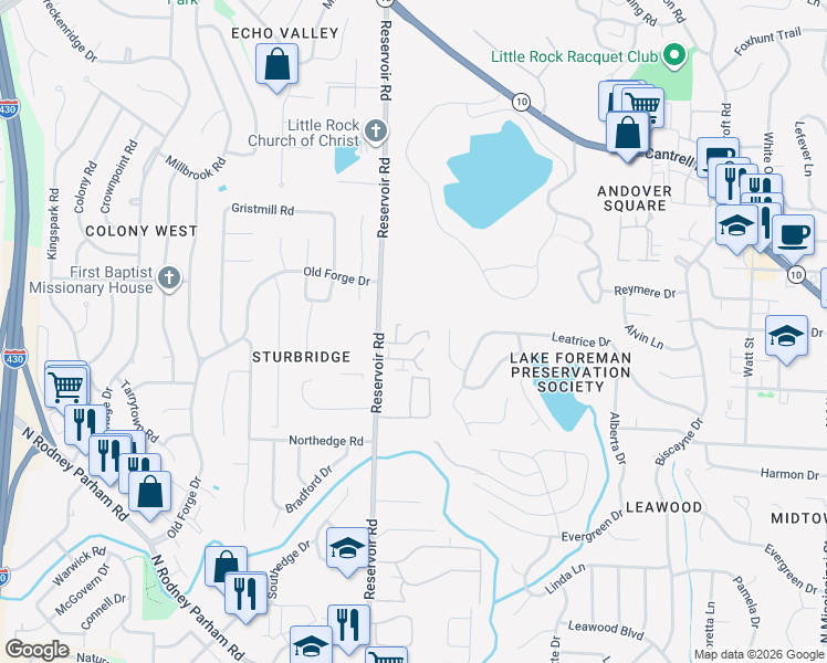 map of restaurants, bars, coffee shops, grocery stores, and more near 2001 Reservoir Road in Little Rock