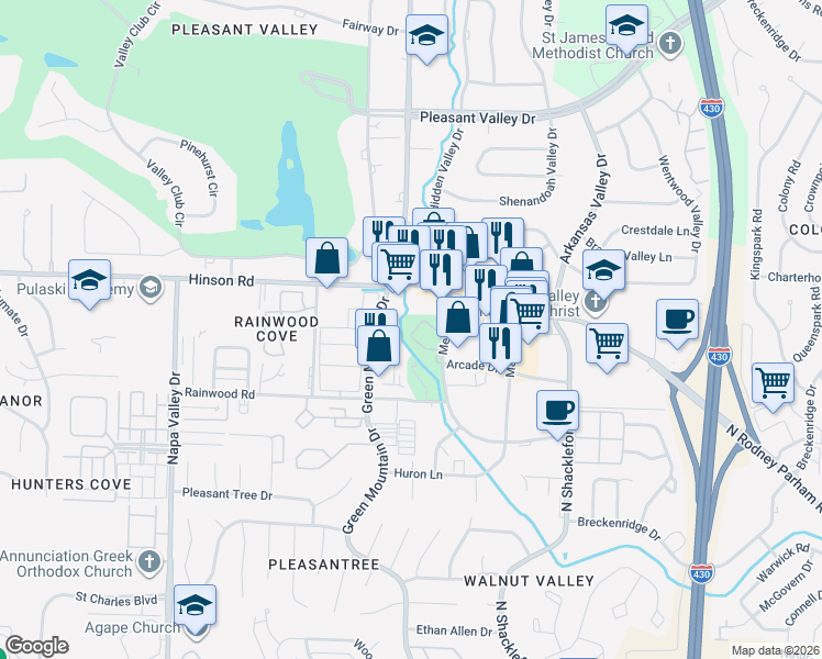 map of restaurants, bars, coffee shops, grocery stores, and more near 50 Hampshire Circle in Little Rock