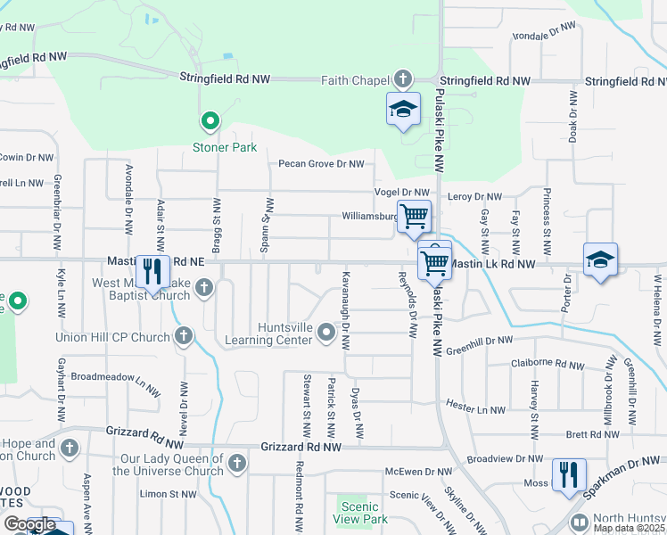 map of restaurants, bars, coffee shops, grocery stores, and more near 3800 Mastin Lake Road Northeast in Huntsville