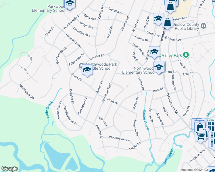 map of restaurants, bars, coffee shops, grocery stores, and more near 511 Seminole Trail in Jacksonville