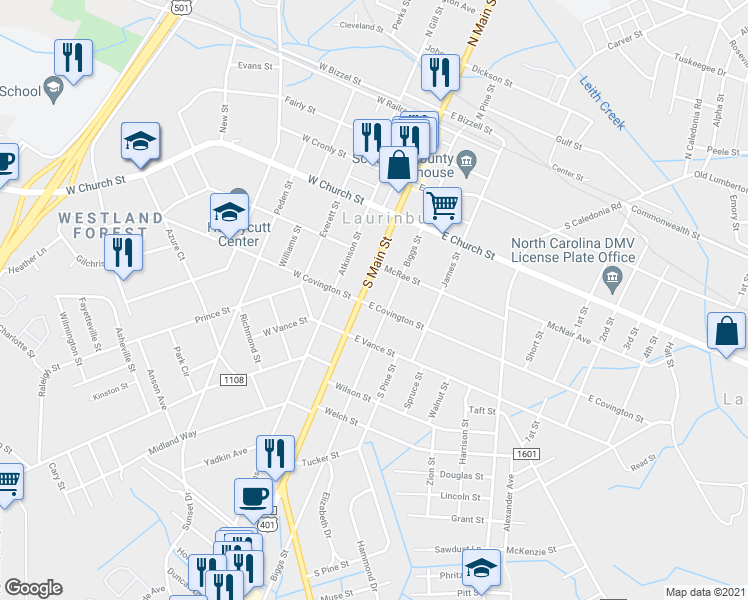 map of restaurants, bars, coffee shops, grocery stores, and more near 520 South Main Street in Laurinburg