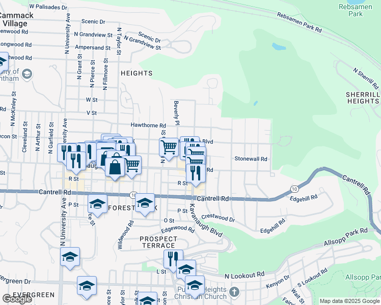 map of restaurants, bars, coffee shops, grocery stores, and more near 2117 North Van Buren Street in Little Rock