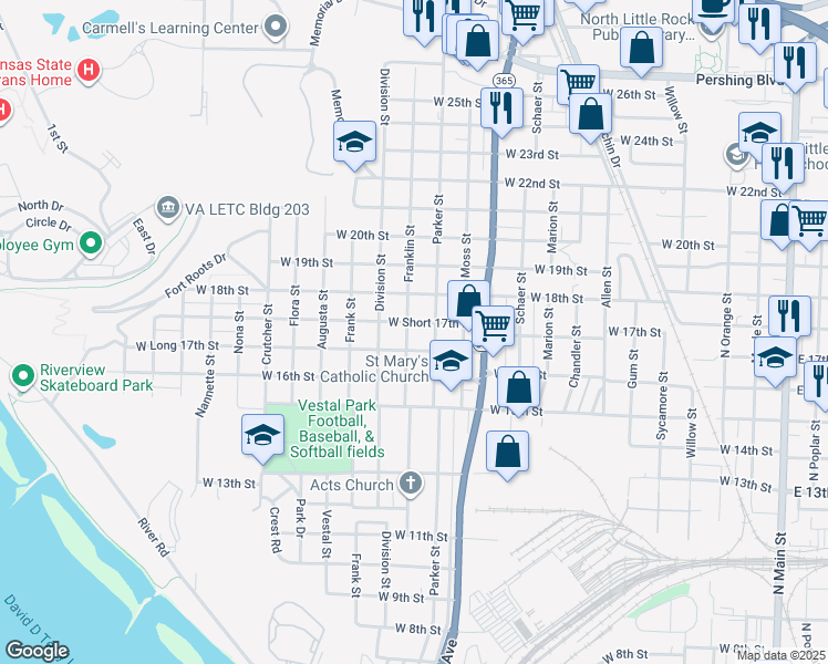 map of restaurants, bars, coffee shops, grocery stores, and more near 1724 Franklin Street in North Little Rock