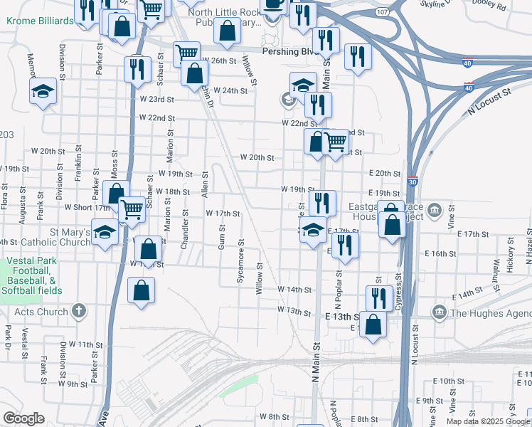 map of restaurants, bars, coffee shops, grocery stores, and more near 319 West 18th Street in North Little Rock