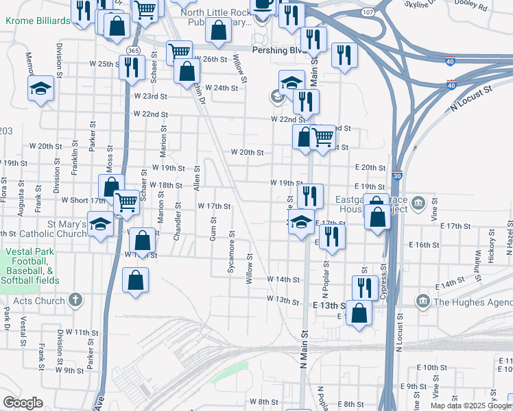 map of restaurants, bars, coffee shops, grocery stores, and more near 319 West 18th Street in North Little Rock