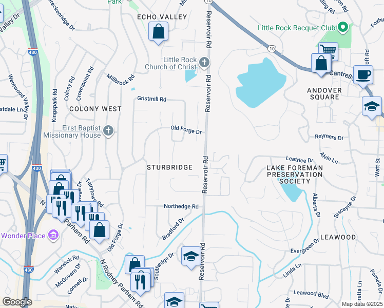 map of restaurants, bars, coffee shops, grocery stores, and more near 9 Old Forge Court in Little Rock