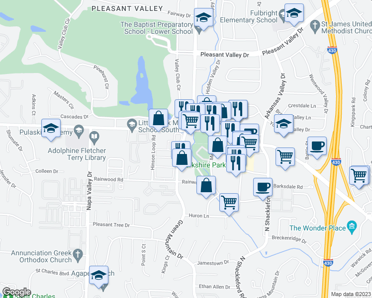 map of restaurants, bars, coffee shops, grocery stores, and more near 2001 Green Mountain Drive in Little Rock