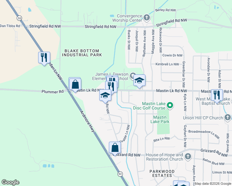 map of restaurants, bars, coffee shops, grocery stores, and more near 6006 Mastin Lake Road Northwest in Huntsville