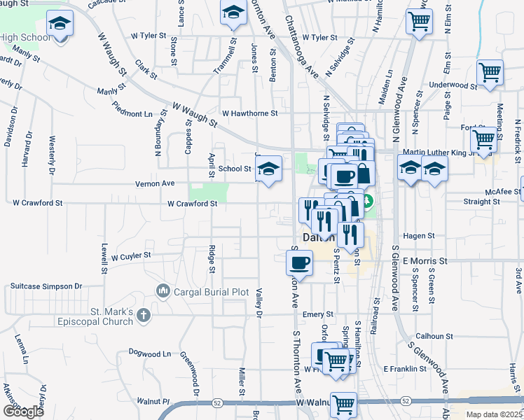 map of restaurants, bars, coffee shops, grocery stores, and more near 417 West Crawford Street in Dalton