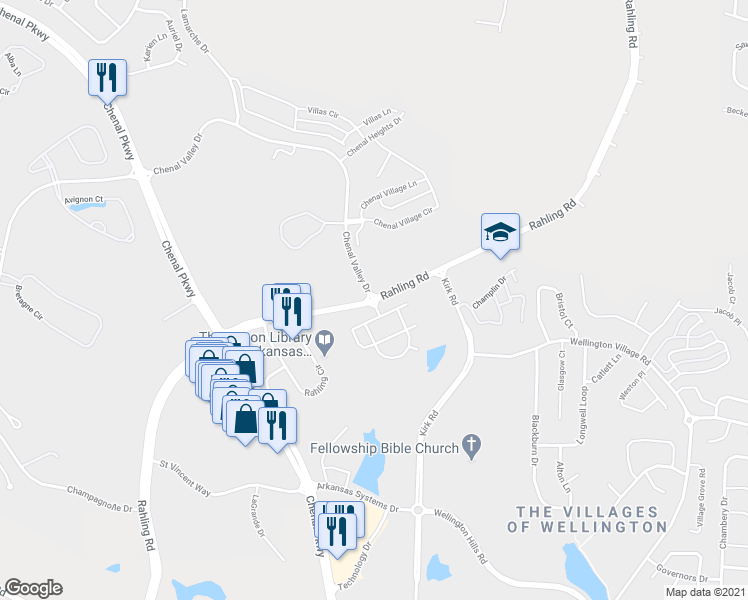 map of restaurants, bars, coffee shops, grocery stores, and more near 16401 Chenal Valley Drive in Little Rock