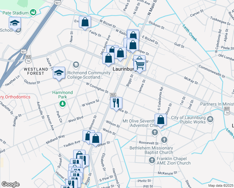 map of restaurants, bars, coffee shops, grocery stores, and more near 520 South Main Street in Laurinburg
