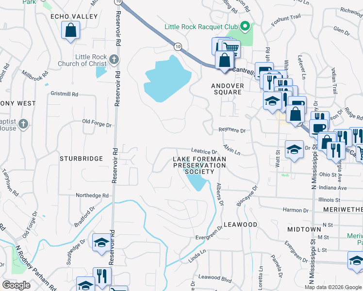 map of restaurants, bars, coffee shops, grocery stores, and more near 8614 Leatrice Drive in Little Rock