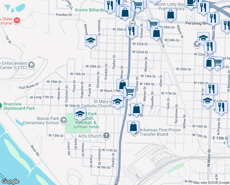 map of restaurants, bars, coffee shops, grocery stores, and more near 1722 Parker Street in North Little Rock