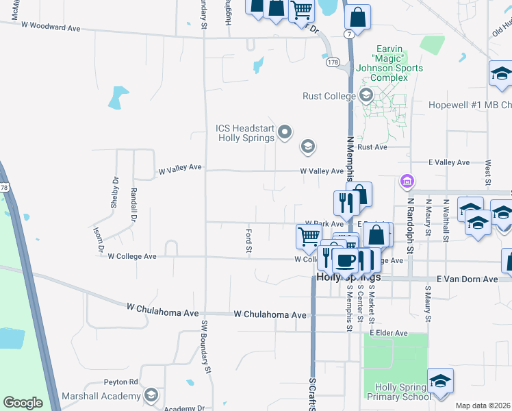 map of restaurants, bars, coffee shops, grocery stores, and more near 206 Robinson St in Holly Springs