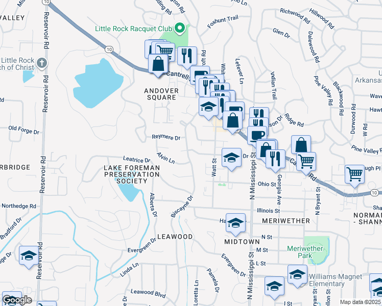 map of restaurants, bars, coffee shops, grocery stores, and more near 2002 Biscayne Drive in Little Rock