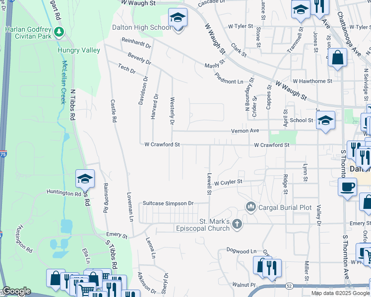 map of restaurants, bars, coffee shops, grocery stores, and more near 1207 West Crawford Street in Dalton