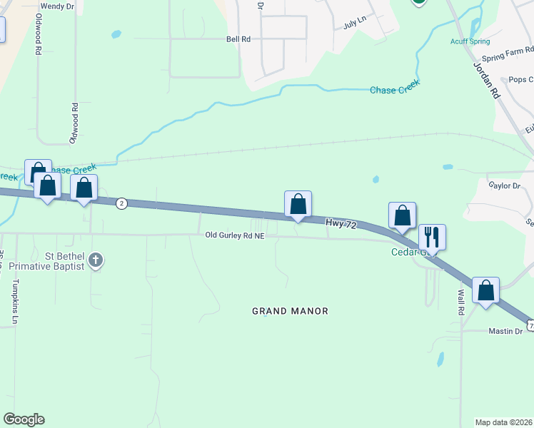 map of restaurants, bars, coffee shops, grocery stores, and more near 2393-2409 Highway 72 East in Huntsville