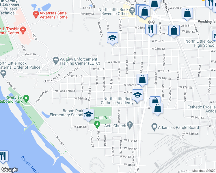 map of restaurants, bars, coffee shops, grocery stores, and more near 1608 West Short 17th Street in North Little Rock
