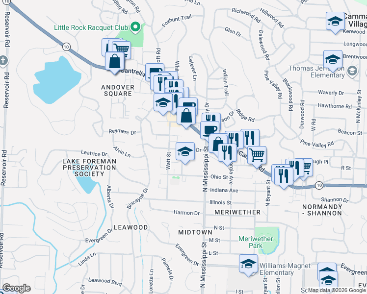 map of restaurants, bars, coffee shops, grocery stores, and more near 7626 Iowa Drive in Little Rock