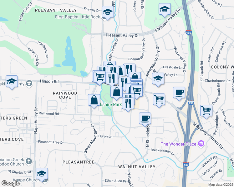map of restaurants, bars, coffee shops, grocery stores, and more near 1725 Merrill Drive in Little Rock