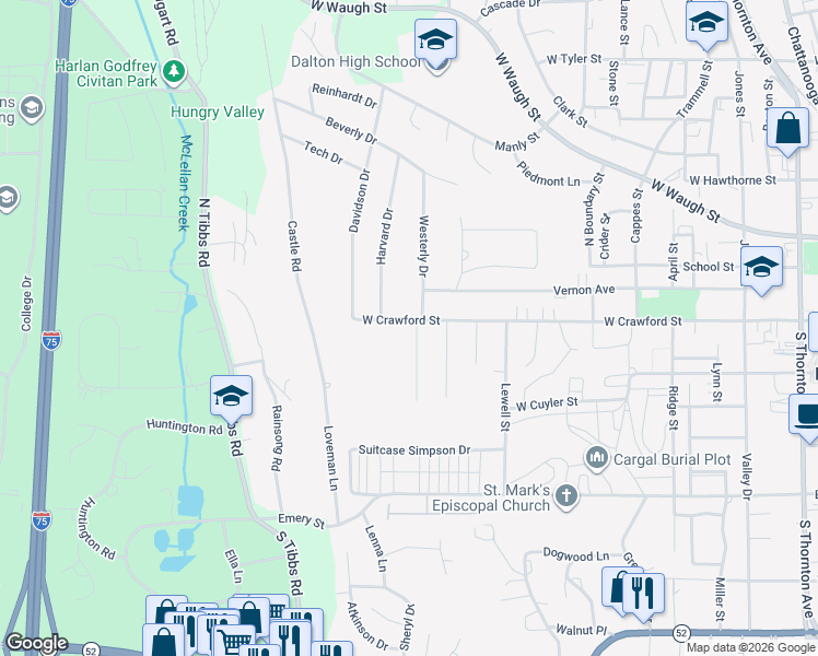 map of restaurants, bars, coffee shops, grocery stores, and more near 1401 W Crawford St in Dalton