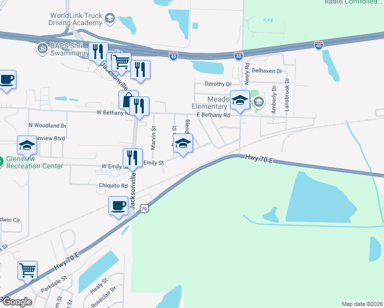 map of restaurants, bars, coffee shops, grocery stores, and more near 322 East Emily Street in North Little Rock