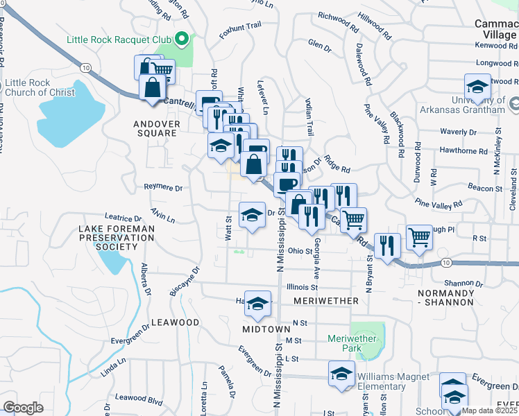 map of restaurants, bars, coffee shops, grocery stores, and more near 7626 Iowa Drive in Little Rock