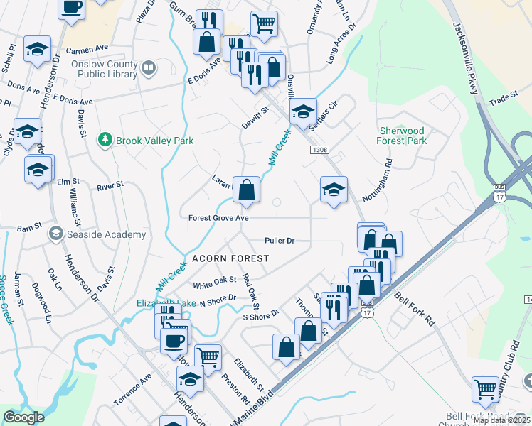 map of restaurants, bars, coffee shops, grocery stores, and more near 509 Forest Grove Avenue in Jacksonville