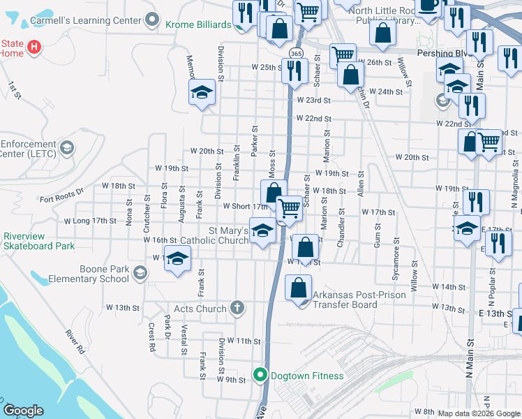 map of restaurants, bars, coffee shops, grocery stores, and more near 1725 Moss Street in North Little Rock