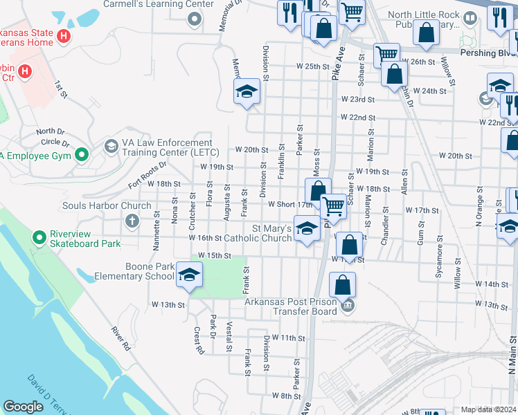 map of restaurants, bars, coffee shops, grocery stores, and more near 1500 West Short 17th Street in North Little Rock