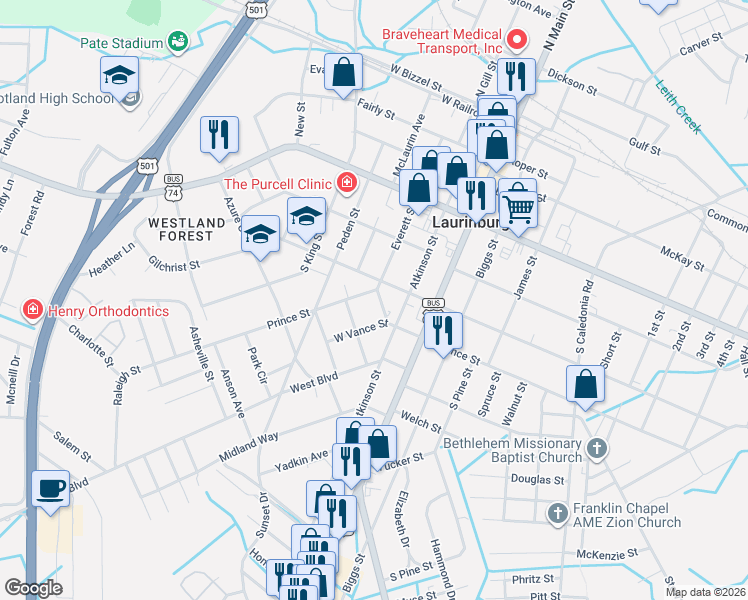map of restaurants, bars, coffee shops, grocery stores, and more near 303 Prince Street in Laurinburg