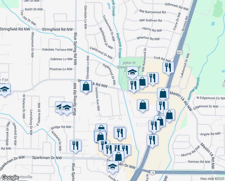 map of restaurants, bars, coffee shops, grocery stores, and more near 2403 Mastin Lake Road Northeast in Huntsville
