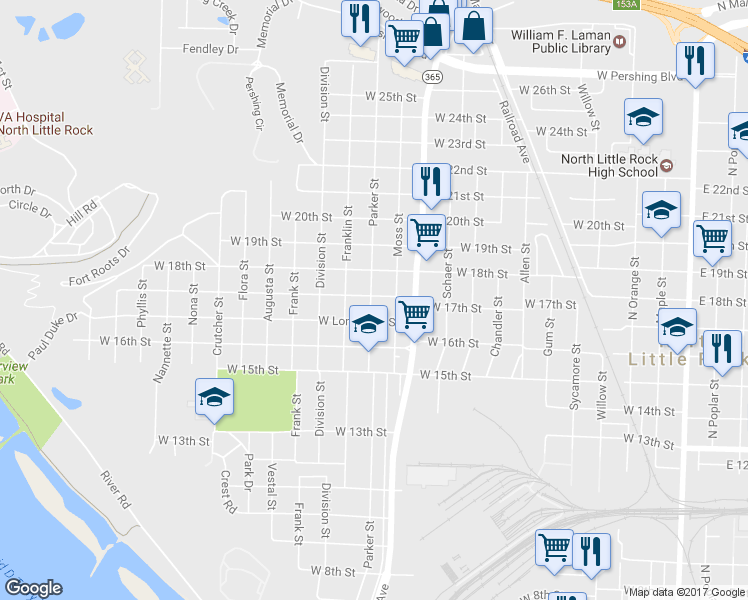 map of restaurants, bars, coffee shops, grocery stores, and more near 1725 Moss Street in North Little Rock