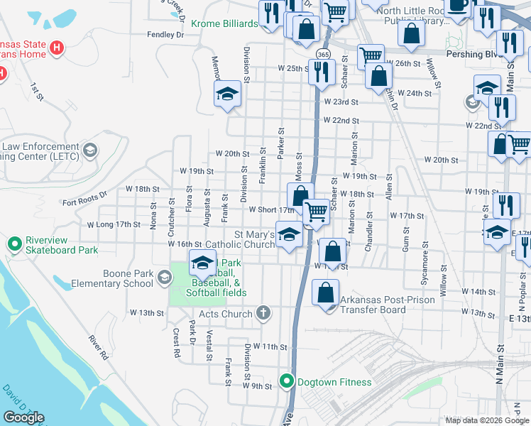 map of restaurants, bars, coffee shops, grocery stores, and more near 1724 Franklin Street in North Little Rock