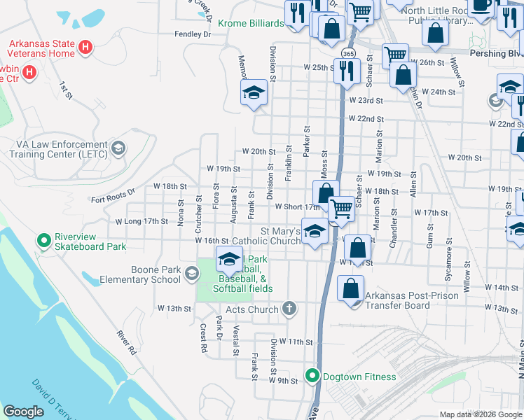 map of restaurants, bars, coffee shops, grocery stores, and more near 1500 West Short 17th Street in North Little Rock