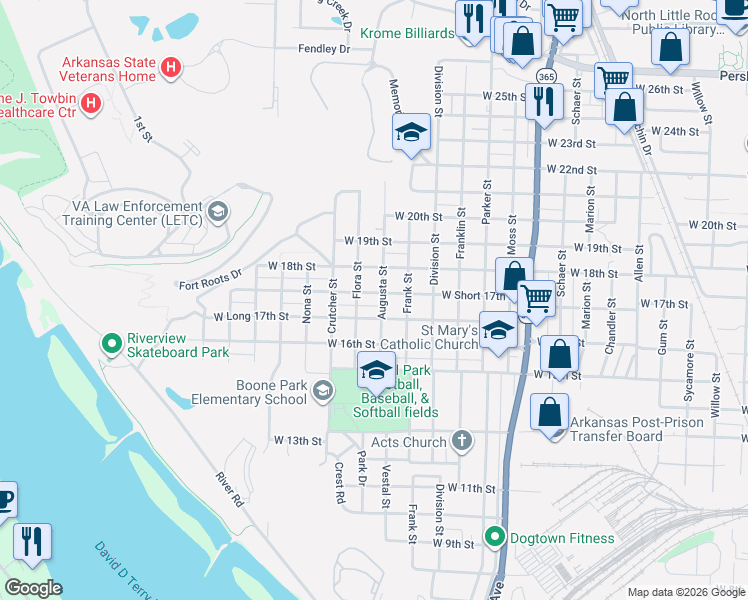 map of restaurants, bars, coffee shops, grocery stores, and more near 1716 West Short 17th Street in North Little Rock