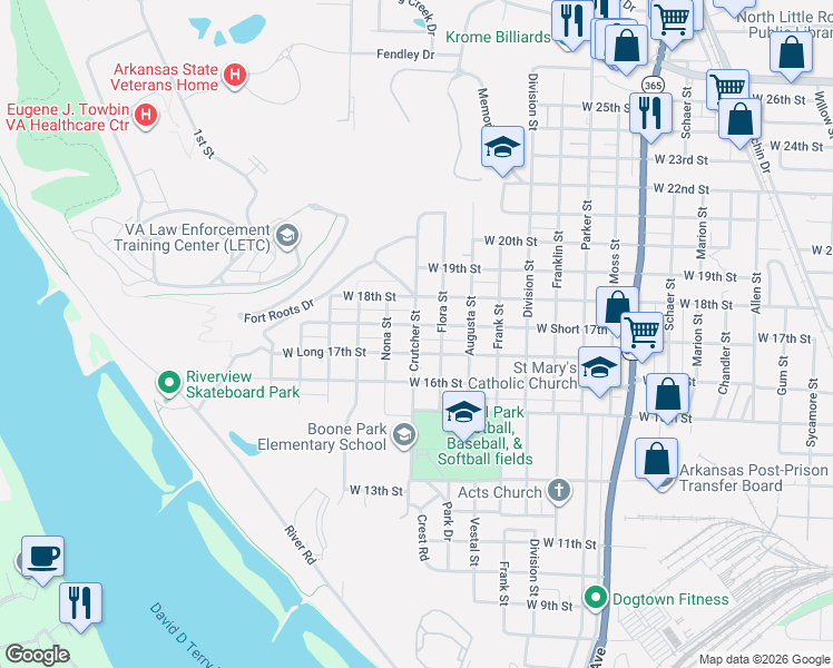 map of restaurants, bars, coffee shops, grocery stores, and more near 1902 West Short 17th Street in North Little Rock