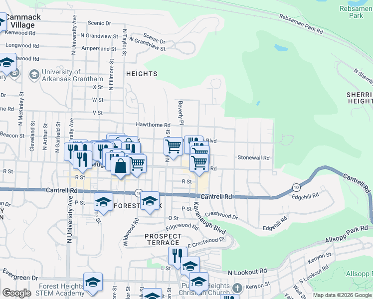 map of restaurants, bars, coffee shops, grocery stores, and more near 5123 Country Club Boulevard in Little Rock