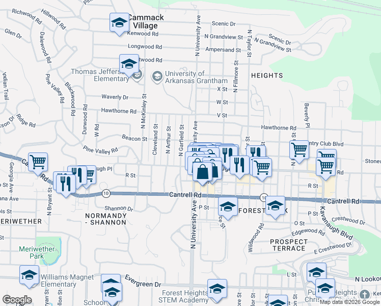 map of restaurants, bars, coffee shops, grocery stores, and more near 2107 North Garfield Street in Little Rock