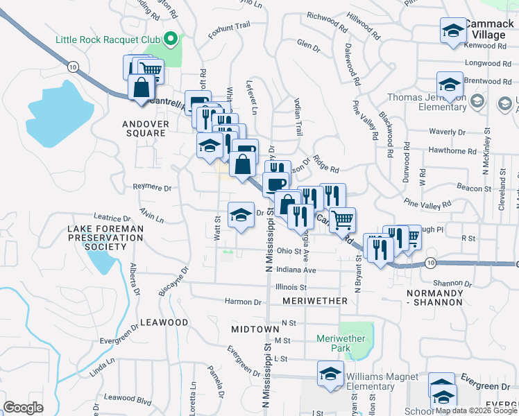 map of restaurants, bars, coffee shops, grocery stores, and more near 7626 Iowa Drive in Little Rock