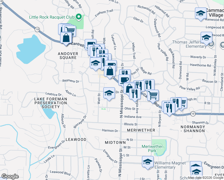 map of restaurants, bars, coffee shops, grocery stores, and more near 7626 Iowa Drive in Little Rock