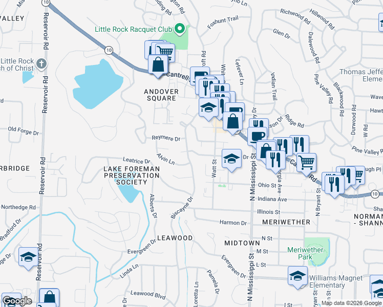 map of restaurants, bars, coffee shops, grocery stores, and more near 2002 Biscayne Drive in Little Rock