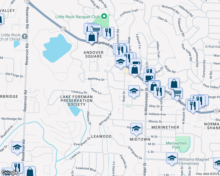 map of restaurants, bars, coffee shops, grocery stores, and more near 2002 Biscayne Drive in Little Rock