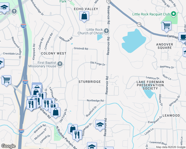 map of restaurants, bars, coffee shops, grocery stores, and more near 6 Ludington Cove in Little Rock