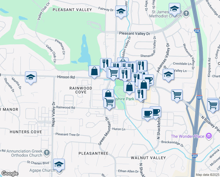 map of restaurants, bars, coffee shops, grocery stores, and more near 2001 Green Mountain Drive in Little Rock