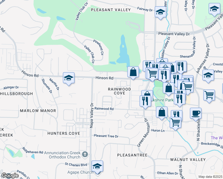 map of restaurants, bars, coffee shops, grocery stores, and more near 12201 Hinson Road in Little Rock