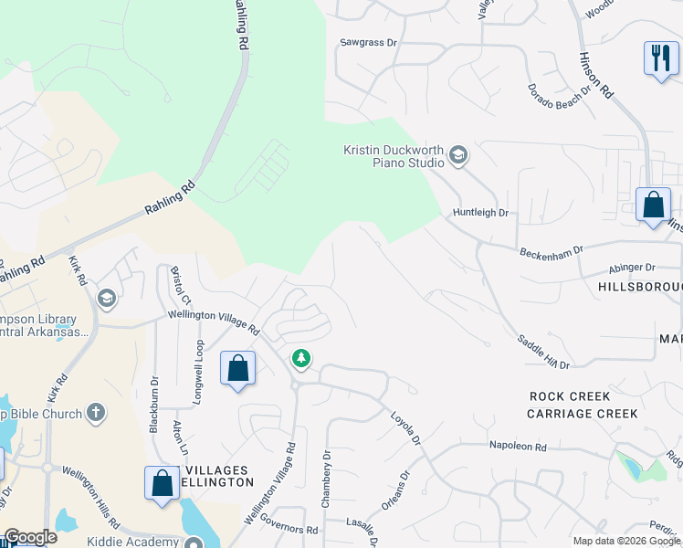 map of restaurants, bars, coffee shops, grocery stores, and more near 105 Jacob Court in Little Rock